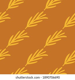 Abstract seamless nature pattern with doodle orange rosemary leaf branches. Light brown background. Perfect for fabric design, textile print, wrapping, cover. Vector illustration.