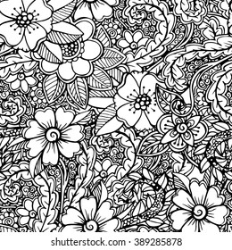 Abstract seamless nature pattern doodle with flowers. Monochrome. Vector. Perfect for printing on fabric or paper, cloth design, wallpaper, wrapping, fills, web page background, surface textures.