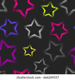 Abstract seamless neon stars pattern on dark grey background.  Shanby dots sign element. Bright skit night wallpaper.  childish repeated backdrop for girls, textile, clothes, wrapping paper. 