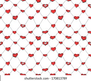Abstract seamless net pattern made of red sketch hearts