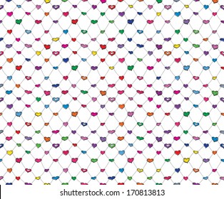 Abstract seamless net pattern made of small colorful sketch hearts