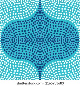 Abstract seamless ogee style vector pattern with navi blue and white dots on a turquoise blue background.