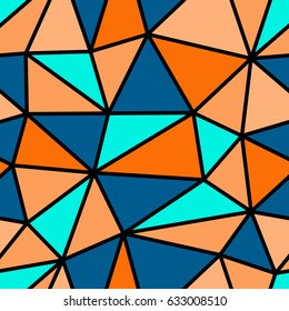 Abstract seamless orange, blue, turquoise triangles pattern for background. Geometric layout for printing magazine cover, advertise presentation, flyer. Template wallpaper with thick black lines.