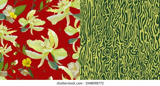 Resumen de textura orgánica, floral, vectorial, aislada de patrón sobre fondo rojo y verde con mariposas. Estilo retro a la moda. Plantas gráficas artesanales para telar de fondo, textiles complementarios, 