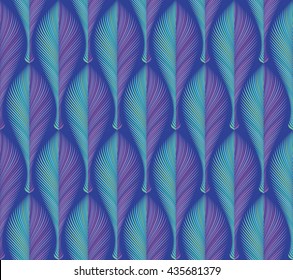 Abstract seamless organic vector pattern. Optical illusion. Feather, leaf, fish. Turquoise and violet.  Wrapping, wallpaper.