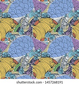 Abstract seamless oriental pattern with ocean waves, foam, splashes. Vector backdrop