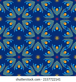 Resumen de un patrón oriental sin fisuras. Flores de plumas de pavo real. Tonos rojos, naranjas y azules sobre un fondo azul. Estilo boho. Diseño de vectores para tela, papel de envoltura, fondos y papel pintado
