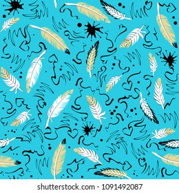 Abstract seamless ornament with ink blots and winding lines written by a bird's feather. Vector image.