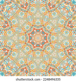 Abstract seamless ornament of simple geometry shapes composition. Ethnic mexican design. Textile print. Small elements geometry. Vector kaleidoscope pattern.
