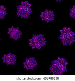 Abstract seamless ornamental decorative pattern with hand drawn colorful floral motifs on black background. Vector illustration.