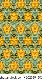 Abstract seamless ornamental pattern of blue, brown, and yellow shades