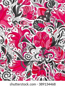 Abstract seamless ornamental pattern. Indian hand drawing background. Vector stock illustration. Pink gray background