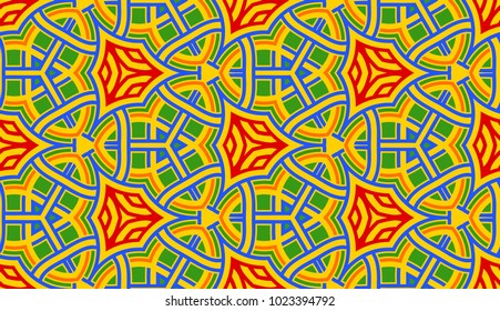 Abstract seamless ornamental pattern of red, orange, blue, green, and yellow shades