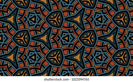 Abstract seamless ornamental pattern of teal, orange, brown, black, and blue shades