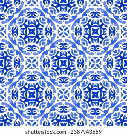 Abstract seamless ornamental watercolor paint vector pattern for fabric. Seamless mediterranean pattern. Azulejo portuguese style in blue color vignettes