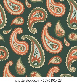 Abstract seamless paisley pattern with ornamental elements in a retro color scheme on a dark background. Vector flat hand drawn illustration for textile, wrapping paper or wallpaper