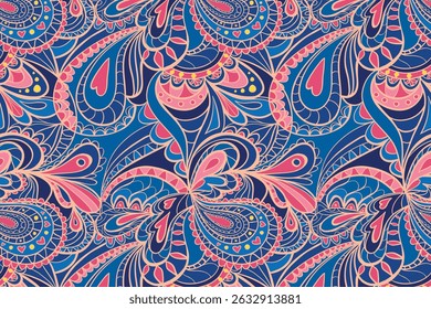 Padrão de paisley sem emenda abstrato para têxteis, tecidos, lembranças, embalagens, cartões de saudação, papel de embrulho, scrapbooking. Ornamento de damasco. Impressão arabesca