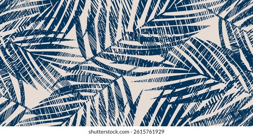 Abstract seamless palm leaves pattern. African boho and Hawaiian botanical motifs. Organic flora, geometric doodles, jungle foliage, for fashion, beach decor, or artistic graphic backdrops.