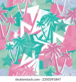 Abstract seamless palm pattern with urban geometric elements,  for textile. Modern grunge background . Wallpaper for boys