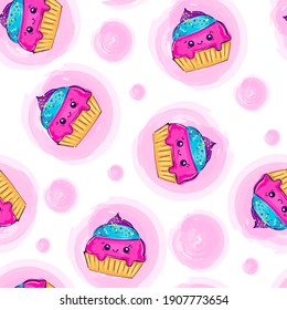 Abstract seamless pancakes pattern with watercolor rounds repeat background. Pink dots and cartoon sweets repeat print for textile, clothes, wrapping paper.