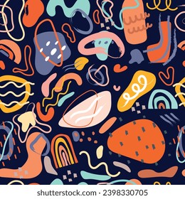 Abstract seamless paper wirh lines, blobs,flowers,dots and abstract shapes on black background.Digital repeating paper background for fabric, wallpaper, surface design, wrapping, scrapbook paper