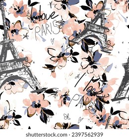 Abstract seamless Paris pattern. Eigel tower repeats print for fashion textile, clothes, wrapping paper.
