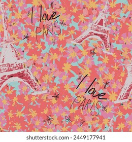 Abstract seamless Paris pattern. Eigel tower repeats print for fashion textile, clothes, wrapping paper.