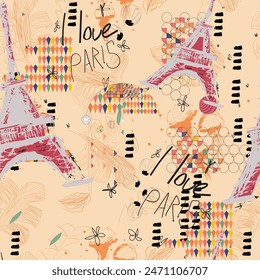 Abstract seamless Paris pattern. Eigel tower repeats print for fashion textile, clothes, wrapping paper.