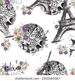 Abstract seamless Paris pattern. Eigel tower repeats print for fashion textile, clothes, wrapping paper.
