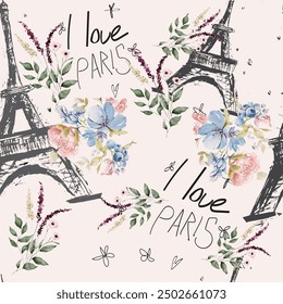 Abstract seamless Paris pattern. Eigel tower repeats print for fashion textile, clothes, wrapping paper.