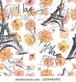 Abstract seamless Paris pattern. Eigel tower repeats print for fashion textile, clothes, wrapping paper.