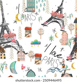 Abstract seamless Paris pattern. Eigel tower repeats print for fashion textile, clothes, wrapping paper.