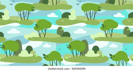 Abstract seamless park pattern. Spring garden texture in simple green shapes. Include in swatches. Vector image, EPS10.