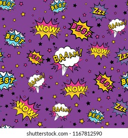 Abstract seamless patch pattern for girls, boys, clothes. Creative vector patch background with stickers, speach bubble. Funny bubble patch pattern wallpaper for textile. Fashion pattern pop art style