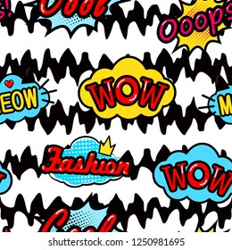 Abstract seamless patch pattern for girls, boys, clothes. Creative vector patch background with stickers, speach bubble. Funny bubble patch pattern wallpaper for textile. Fashion pattern pop art style