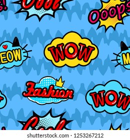 Abstract seamless patch pattern for girls, boys, clothes. Creative vector patch background with stickers, speach bubble. Funny bubble patch pattern wallpaper for textile. Fashion pattern pop art style