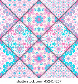 Abstract seamless patchwork pattern. Arabic tile texture with geometric and floral ornaments. Decorative elements for textile, book covers, print, gift wrap. Vintage boho style. Vector illustration.