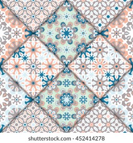 Abstract seamless patchwork pattern. Arabic tile texture with geometric and floral ornaments. Decorative elements for textile, book covers, print, gift wrap. Vintage boho style. Vector illustration.