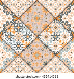 Abstract seamless patchwork pattern. Arabic tile texture with geometric and floral ornaments. Decorative elements for textile, book covers, print, gift wrap. Vintage boho style. Vector illustration.