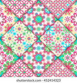 Abstract seamless patchwork pattern. Arabic tile texture with geometric and floral ornaments. Decorative elements for textile, book covers, print, gift wrap. Vintage boho style. Vector illustration.