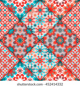Abstract seamless patchwork pattern. Arabic tile texture with geometric and floral ornaments. Decorative elements for textile, book covers, print, gift wrap. Vintage boho style. Vector illustration.