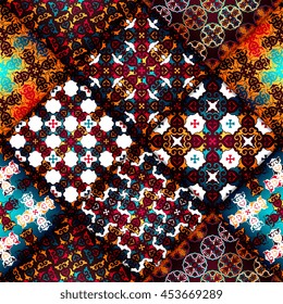 Abstract seamless patchwork pattern. Arabic tile texture with geometric and floral ornaments. Decorative elements for textile, book covers, print, gift wrap. Vintage boho style. Vector illustration.