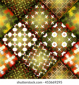 Abstract seamless patchwork pattern. Arabic tile texture with geometric and floral ornaments. Decorative elements for textile, book covers, print, gift wrap. Vintage boho style. Vector illustration.
