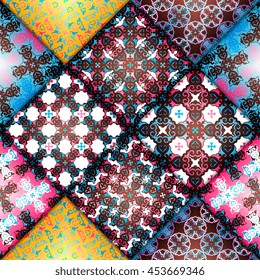 Abstract seamless patchwork pattern. Arabic tile texture with geometric and floral ornaments. Decorative elements for textile, book covers, print, gift wrap. Vintage boho style. Vector illustration.