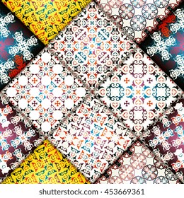 Abstract seamless patchwork pattern. Arabic tile texture with geometric and floral ornaments. Decorative elements for textile, book covers, print, gift wrap. Vintage boho style. Vector illustration.
