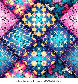 Abstract seamless patchwork pattern. Arabic tile texture with geometric and floral ornaments. Decorative elements for textile, book covers, print, gift wrap. Vintage boho style. Vector illustration.