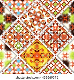 Abstract seamless patchwork pattern. Arabic tile texture with geometric and floral ornaments. Decorative elements for textile, book covers, print, gift wrap. Vintage boho style. Vector illustration.