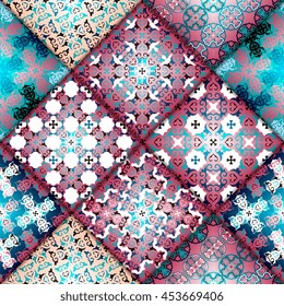 Abstract seamless patchwork pattern. Arabic tile texture with geometric and floral ornaments. Decorative elements for textile, book covers, print, gift wrap. Vintage boho style. Vector illustration.