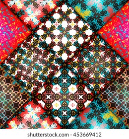 Abstract seamless patchwork pattern. Arabic tile texture with geometric and floral ornaments. Decorative elements for textile, book covers, print, gift wrap. Vintage boho style. Vector illustration.