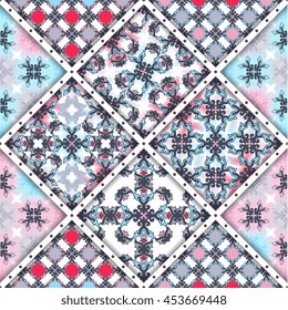Abstract seamless patchwork pattern. Arabic tile texture with geometric and floral ornaments. Decorative elements for textile, book covers, print, gift wrap. Vintage boho style. Vector illustration.